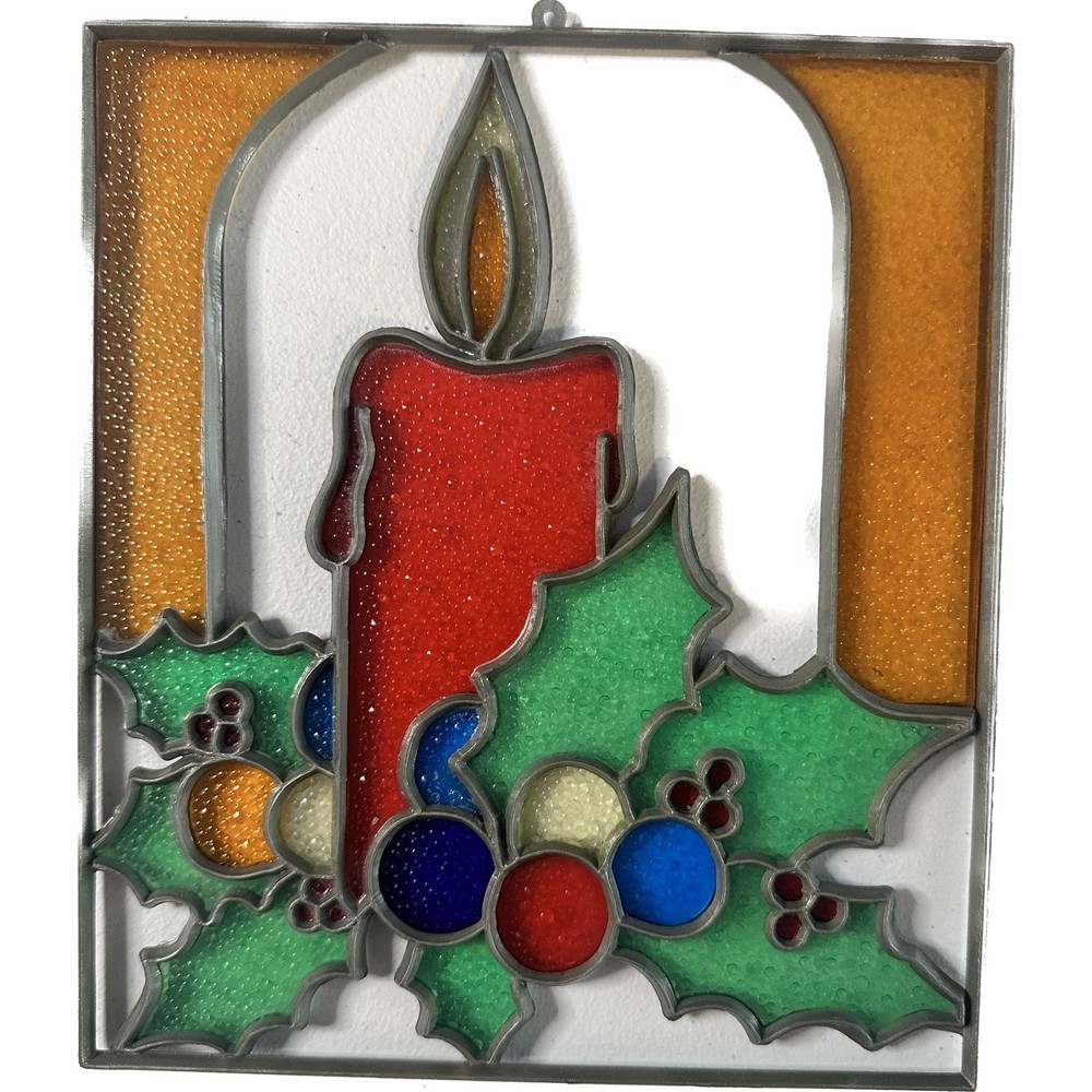 Vtg Crystalline Christmas Candle 9" Plastic Stained Glass Window Decoration